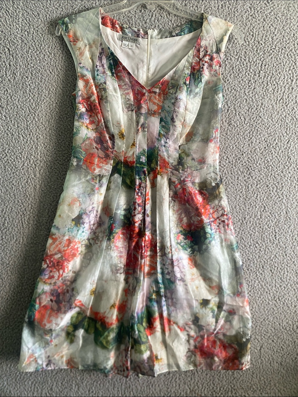 Kay Unger Floral V-Neck Fit-and-Flare Dress in White, Coral, Green